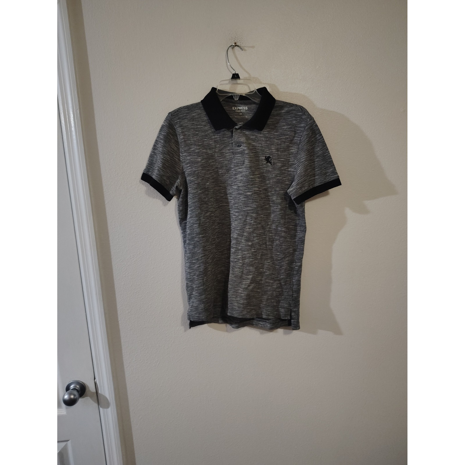 Express Mens Pique Polo Shirt Gray Space Dye Black Trim Lion Logo Medium